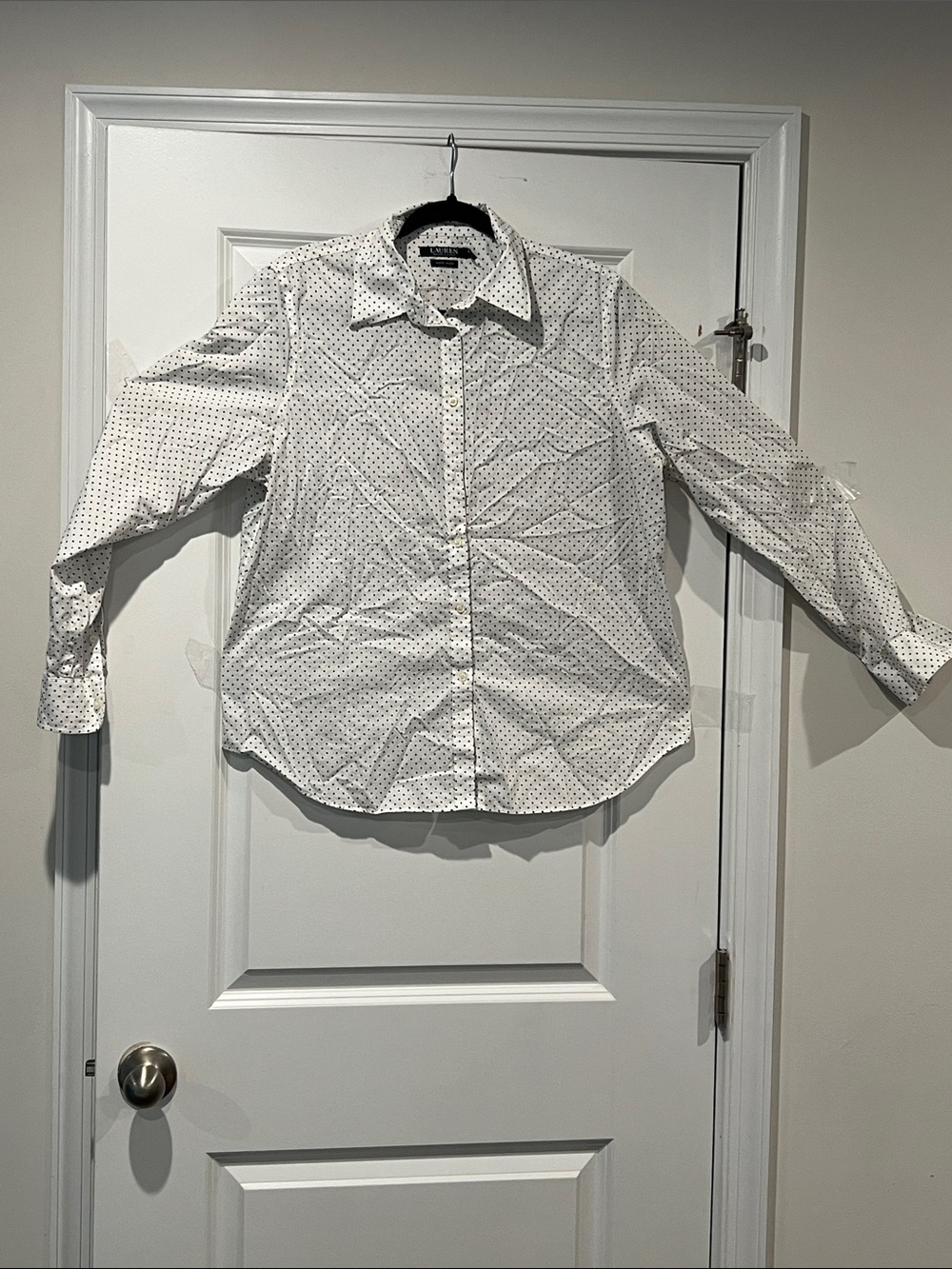 Ralph Lauren White Long-Sleeve Dress Shirt with Navy Micro Dot